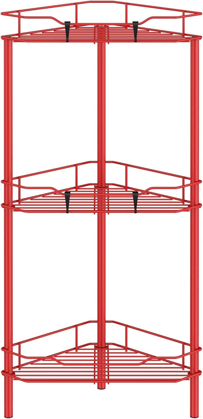 HuggieGems 3 Tier Floor Standing Corner Shower Caddy Organizer Shelf with Hooks, Bathroom Shelves Stand Rack, Red