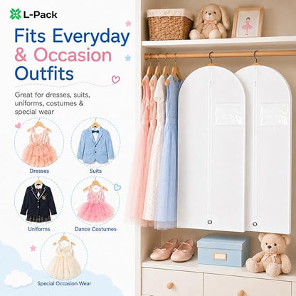 Kids Garment Bag 2 Pack for Hanging Clothes, Travel Garment Bags for Dresses, Dance Costumes & Suits, Breathable Clothes Cover for Baby Toddler Child,White, 30" x 18"