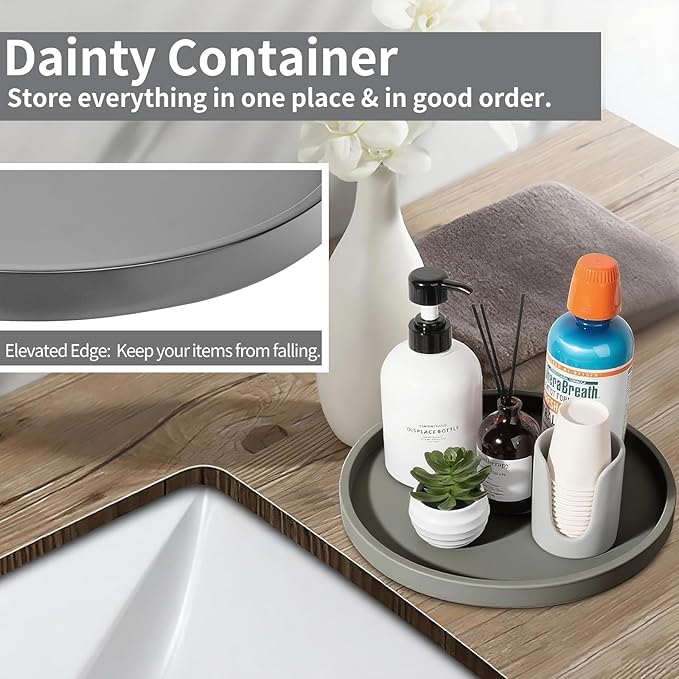 Silicone Bathroom Tray, 9" Round Grey Vanity Organizer – Decorative Countertop Tray for Soap, Candle, Perfume, Kitchen & Coffee Table