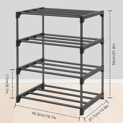 HITHIM 4-Tier Small Shoe Racks, Narrow Shoe Rack for 6-8 Pairs Shoe Storage,Kids Shoe Racks for Small Place,Lightweight Stackable Shoe Shelf Organizer for Closet,Black