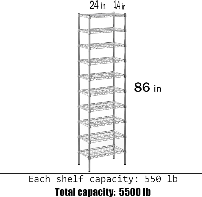 14" Deep x 24" Wide x 86" Height Wire Shelving Kit | 10-Tier | NSF Commercial Storage Rack Unit