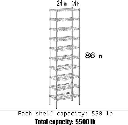14" Deep x 24" Wide x 86" Height Wire Shelving Kit | 10-Tier | NSF Commercial Storage Rack Unit
