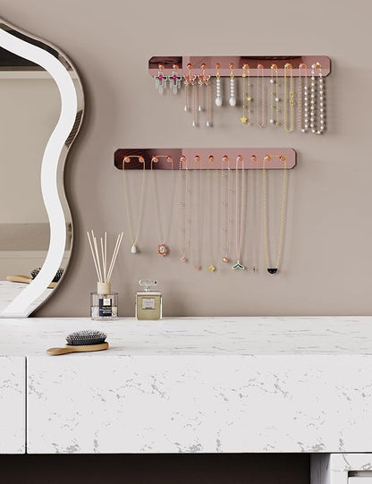 NiHome Wall Mount Acrylic Jewelry Organizer 2-Pack, Sleek Rack Strong Carbon Steel Hooks for Dressing Table, Bathroom, Kitchen, Hassle-Free Installation Dual Mounting Options (Rose Gold Mirror Finish)