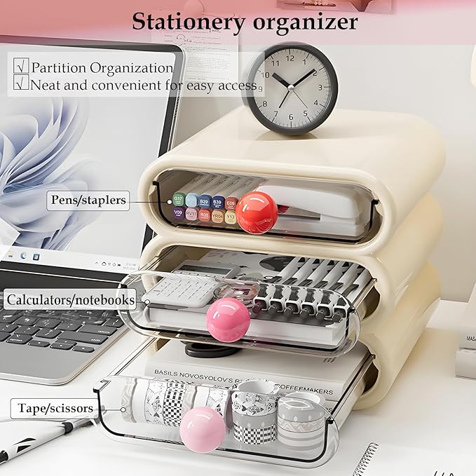 3-Tier Drawer Makeup Organizer for Vanity Small Desk - Non-Stackable Clear Front Cosmetic Storage Holder for Bathroom Counter & Office Desktop -7.9x7.5x7.3in (Cream White)