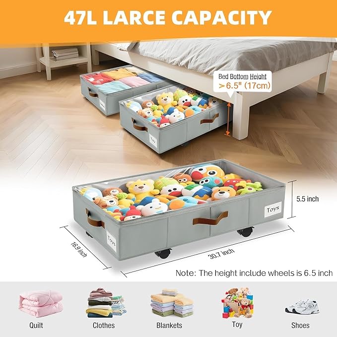 Under Bed Storage with Wheels,Underbed Storage with Sturdy Sidewalls/Bottom, Clear Cover, Label and PU Handle, Rolling Under Bed Drawers for Clothes, Shoes, 5.5 Inch Height,Grey, 2 Pack