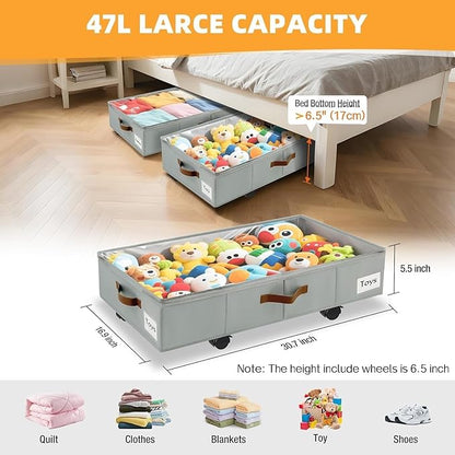 Under Bed Storage with Wheels,Underbed Storage with Sturdy Sidewalls/Bottom, Clear Cover, Label and PU Handle, Rolling Under Bed Drawers for Clothes, Shoes, 5.5 Inch Height,Grey, 2 Pack