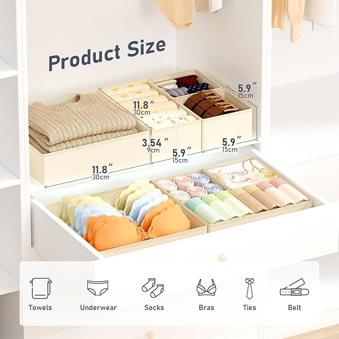 DIMJ Drawer Organizer Clothes, 30 Pack Dresser Organizer, Foldable Closet Organizers and Storage, Fabric Dresser Bins, Drawer Dividers for Nursery, Baby Clothes, Underwears, Sock,Beige