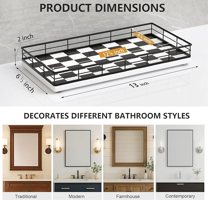 Toilet Paper Basket Organizer – Oak Wood Toilet Tank Tray with Metal Frame, Bathroom Counter Top Storage for Toilet Paper, Wipes & Decor, Modern Narrow Back of Tank Shelf Organizer, Black & White
