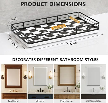 Toilet Paper Basket Organizer – Oak Wood Toilet Tank Tray with Metal Frame, Bathroom Counter Top Storage for Toilet Paper, Wipes & Decor, Modern Narrow Back of Tank Shelf Organizer, Black & White