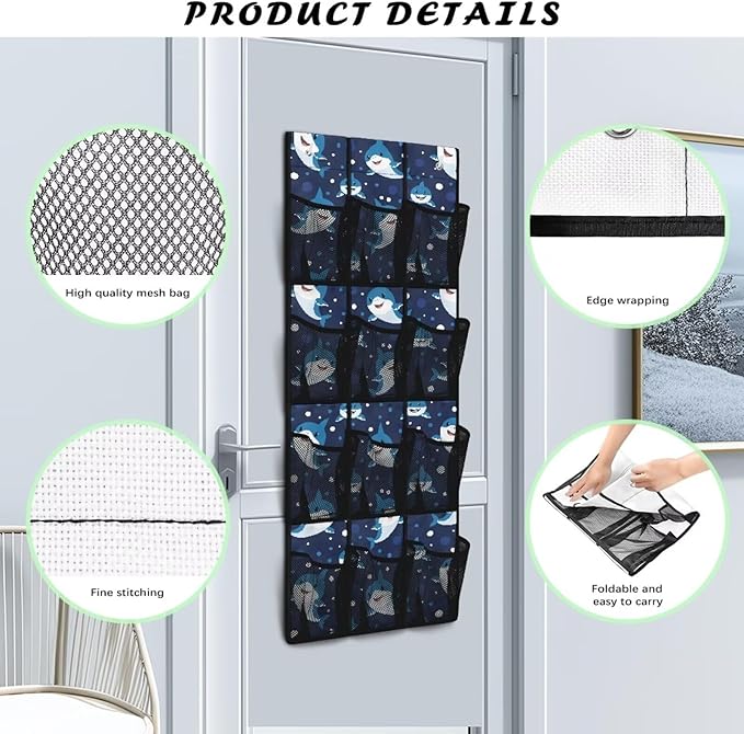 Door Organizer 12 Pockets Cute Sharks Over The Door Organizer for School Blue Multi-Pocket Organizer Easy to Install Multi-Funtion Storage Bag for Dorm