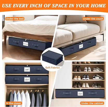 SpaceWhisper 90L Under Bed Storage Containers, 8-Pack Storage Bins with Clear Top, Foldable Closet Organizers and Storage with Label Holder for Clothing, Blankets, Comforter & Pillows(Blue)