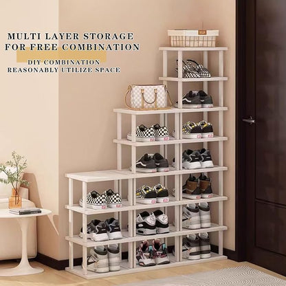 Bamboo Shoe Rack 12 Tier- Vertical Shoe Rack for Small Spaces, Tall Narrow Shoe Rack Organizer for Closet Entryway Corner Garage and Bedroom,Skinny Shoe Shelf with Free Stackable DIY White Storage