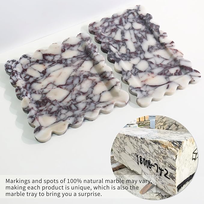Natural 100% Marble Vanity Tray Luxury Scalloped Marble Storage Square Rectangle Tray for Home Decor Stone Tray for Bathroom Kitchen Candle Key (Rectangle-11.8 * 7.4-Calacatta Viola)