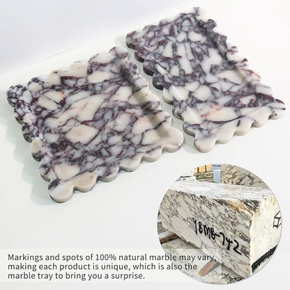 Natural 100% Marble Vanity Tray Luxury Scalloped Marble Storage Square Rectangle Tray for Home Decor Stone Tray for Bathroom Kitchen Candle Key (Rectangle-11.8 * 7.4-Calacatta Viola)