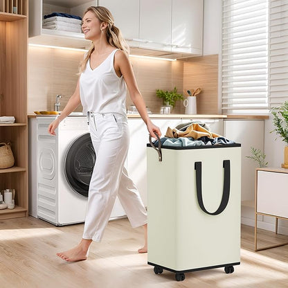 SpaceTrove Laundry Basket with Wheels, Collapsible Laundry Baskets, Laundry Hamper with Handles Detachable Wheels, Rolling Laundry Basket, Dirty Clothes Hamper for Bathroom, Dorm, Bedroom, Cream, 80L