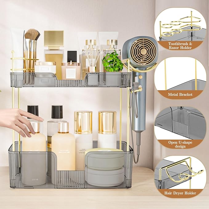 SpaceTrove 2-Tier Bathroom Counter Organizer, Makeup Organizer, Perfume Organizer, Large Skincare & Vanity Organizer, with Toothbrush, Toothpaste, Hair Dryer Holder (Smoky Grey)