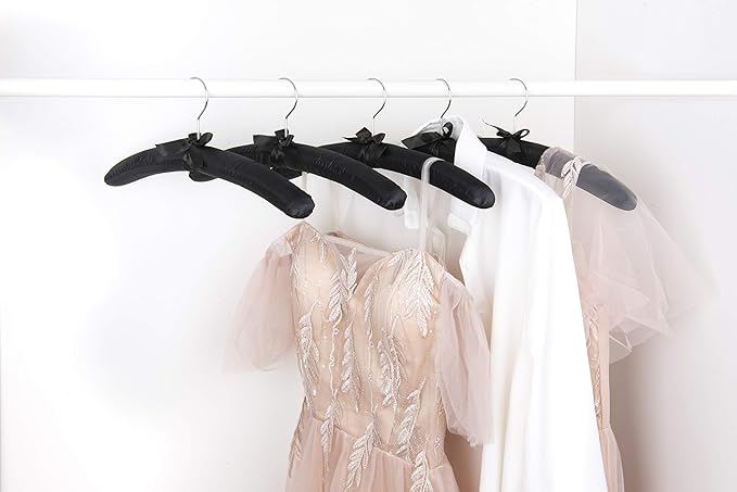 Amber Home 5 Pack Large Black Satin Padded Hangers, 17" Non-Slip Cushioned Hangers for Sweaters, Silk Dress, Wedding Dress, Bridal Gown, Cashmere