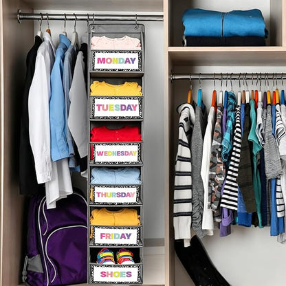 2 Pcs 6-Shelf Weekly Clothes Organizer for Kids Daily Hanging Closet Organizer with 2 Sets Week Day Stickers Foldable Days of The Week Behind Door Hanging Storage Shelves