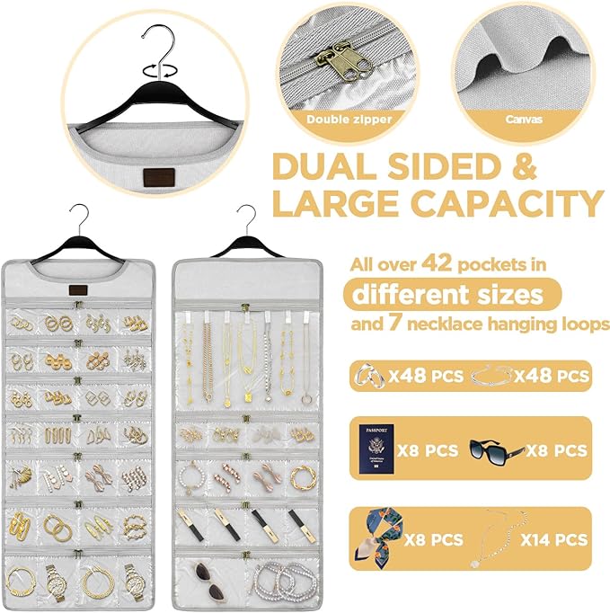 SMRITI Hanging Jewelry Organizer with Dual Zippered Pockets Canvas Double Sided Rotating Hanger Necklace Hanging Wall Organizer Earring Dustproof Holder Wall Mount Accessories Display Bag(Light Grey)