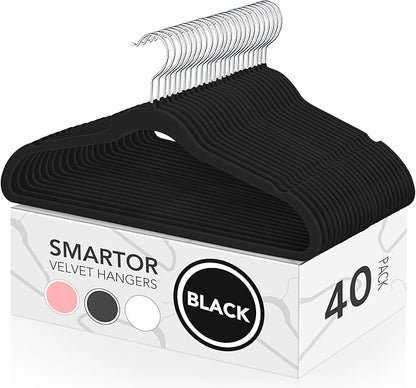 Smartor Velvet Hangers 40 Pack, Non Slip Clothes Felt Hanger Heavy Duty for Coat, Premium Slim Space Saving Suit Hangers for Closet Organizer, 360° Rotating Silver Hook Black