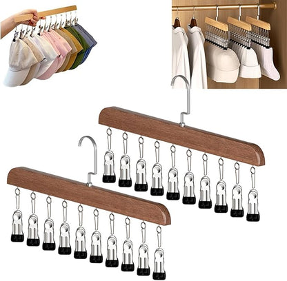 Closet Organizer with 10 Clips, Space Saving Hanging Closet Organizer, Space-Saving Hat Scarf Clothespins for Jeans Skirts Socks Pant Hangers (Brown-10 Clips, 2PCS)