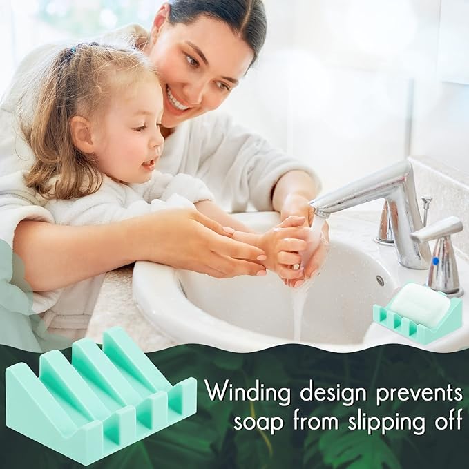 Cunhill 2 Pieces Silicone Soap Dish Self Draining Soap Dish Shower Waterfall Bar Soap Holder Tray with Drain Soap Saver for Kitchen Bathroom Accessories (Turquoise)