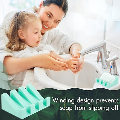Cunhill 2 Pieces Silicone Soap Dish Self Draining Soap Dish Shower Waterfall Bar Soap Holder Tray with Drain Soap Saver for Kitchen Bathroom Accessories (Turquoise)