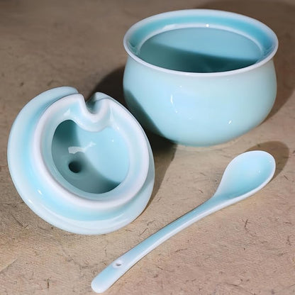 Porcelain Salt Cellar with Lid and Spoon, 4.4 oz Salt Container Sugar Bowl for Spice & Seasonings, Elegant Kitchen Counter Decor, Chinese Celadon (Ivory Blue)