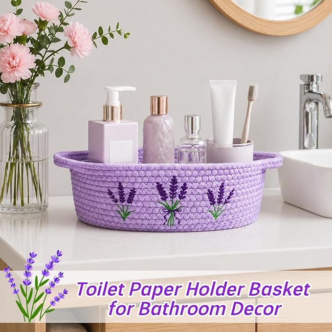 Lavender Toilet Paper Basket–Woven Rope Beautiful Lavender Bathroom Decor Organizer Toilet Tank Decorative Storage Basket, Oval Shelf Bin with Handle,Flower Wedding Paper Holder, 12" D x 5" H