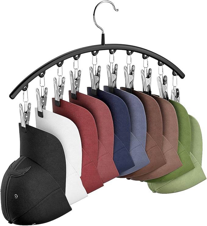 Hat Hangers for Closet, Metal 1 Pack Hat Organizer Holder for Hanger Closet Display, Hat Racks for Baseball Caps w/10 Clips, Hat Holder for Ball Caps & Accessories, for Men Women, Black