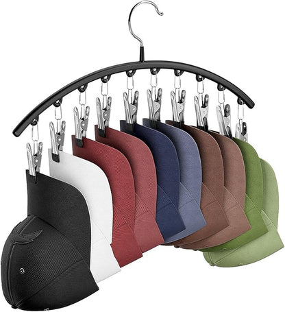 Hat Hangers for Closet, Metal 1 Pack Hat Organizer Holder for Hanger Closet Display, Hat Racks for Baseball Caps w/10 Clips, Hat Holder for Ball Caps & Accessories, for Men Women, Black