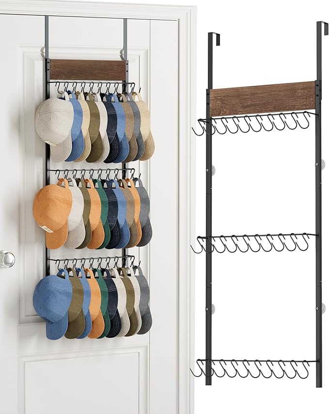 FANGSUN 3-Tier Over the Door Hat Rack with 30 Movable Hooks – Wall Mounted Hat Organizer for Baseball Cap Storage, Cap Holder Gifts for Men Dad, Christmas Presents