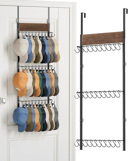 FANGSUN 3-Tier Over the Door Hat Rack with 30 Movable Hooks – Wall Mounted Hat Organizer for Baseball Cap Storage, Cap Holder Gifts for Men Dad, Christmas Presents