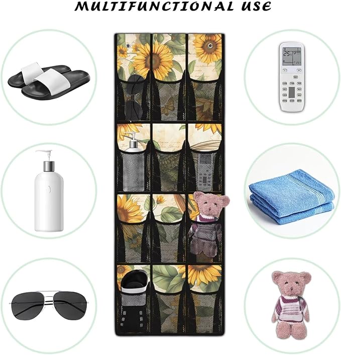 12-Pocket Over The Door Hanging Organizer, Lightweight Oxford Cloth Waterproof Foldable and Perfect for Bathroom Bedroom or Closet Storage Solutions, Sunflower and Hummingbird