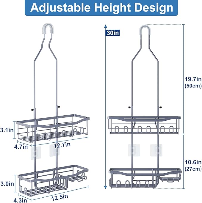 Shower Caddy, Upgraded Extended Length Shower Caddy Over Showerhead No Blocking to Showerhead, Rustproof Bathroom Organizers and Storage with Hooks Shampoo Soap Holder, Large Hanging Caddy