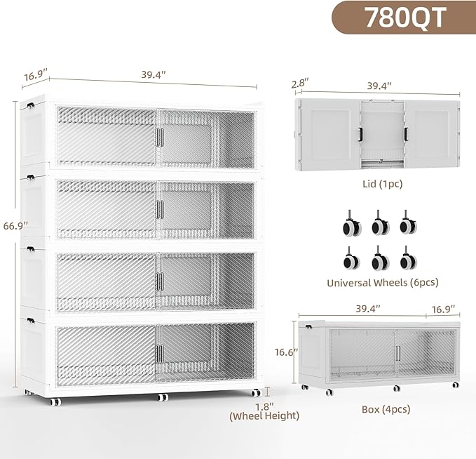 SAILUN 320Gal Extra Large Stackable Storage Bins with a Lid, Collapsible Storage Bins With Doors and Wheels, Foldable Storage Cabinet for Garage Closet Organization, White, 4Pack 39.4" W