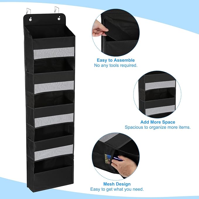 PATIKIL Over The Door Shoe Organizer Hanging Rack Storage with 5 Large Pockets & 6 Side Pockets Wall Mount 35 lbs Weight Capacity for Door Wall Closet Shoes, 5 Layer, Black
