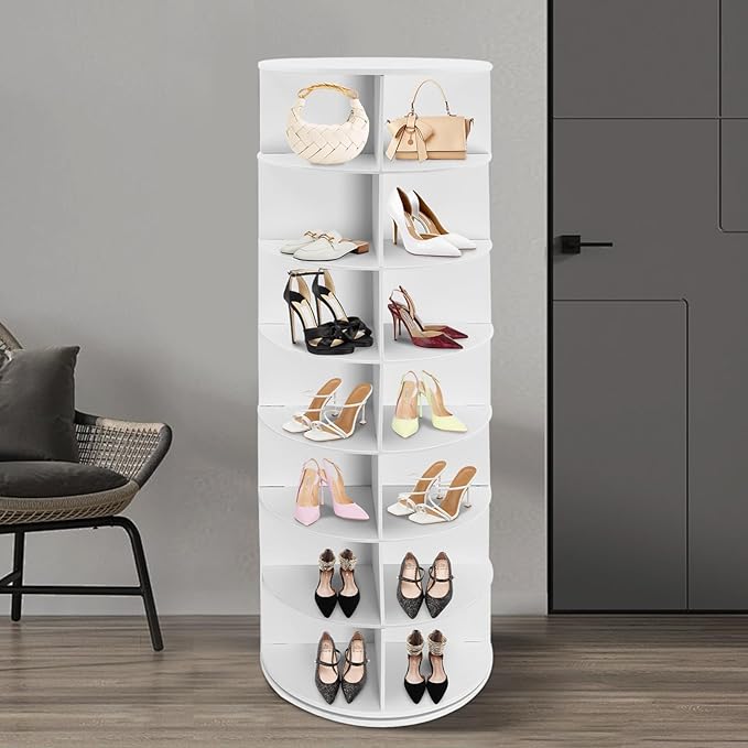 360° Rotating Shoe Rack Tower - Spinning Shoe Organizer for Entryway, Free Standing Lazy Susan Shoe Rack (7 Tiers 23.62 * 23.62 * 65in White)