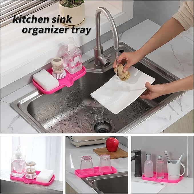 MicoYang Silicone Bathroom Soap Dishes with Drain Spout-Bathroom and Kitchen Sink Organizer,Sponge Holder,Dish Soap Tray,Perfect for Dispenser,Scrubber,Bottle,Cup on Sink or Counter-Rose 9.6"×5.3"
