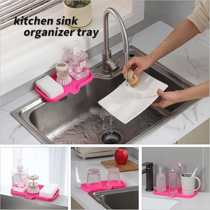 MicoYang Silicone Bathroom Soap Dishes with Drain Spout-Bathroom and Kitchen Sink Organizer,Sponge Holder,Dish Soap Tray,Perfect for Dispenser,Scrubber,Bottle,Cup on Sink or Counter-Rose 9.6"×5.3"