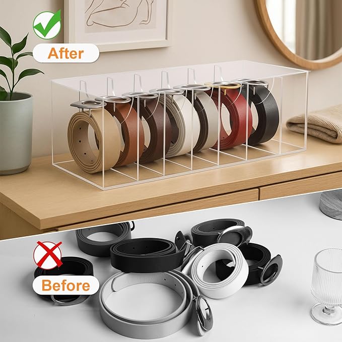 JASGOOD Belt Organizer for Closet,Acrylic 7 Compartments Storage Holder with Dust Cover Lid for Closet Drawer, Display Case for Belts, Ties, Watches, Jewelry and Accessories