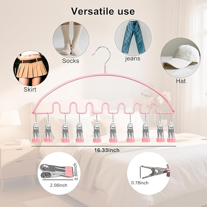 Legging Organizer for Closet,Metal Wave Design Pants Hanger with 10 Clips 7 Hooks, Closet Storage for Pants, Skirts, Hats (Pink, 2Pack)