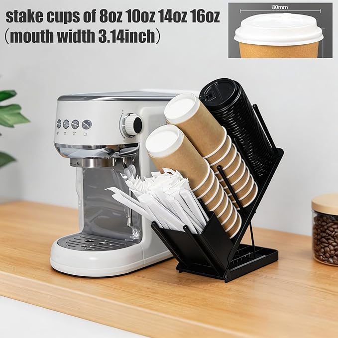 Adjustable Coffee Cup and Lid Holder, Disposable Cup Dispenser Organizer Stand for Countertop Coffee Bar Station, Bakery & Breakroom, Fits 3.14 Inch Cup Mouth (8oz/10oz/14oz/16oz Cups)