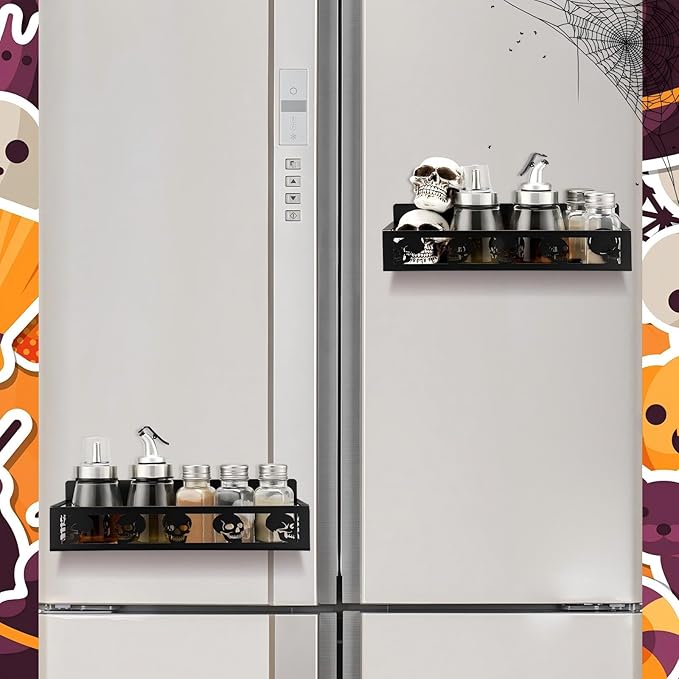 Beeveer 2 Pack Skull Head Magnetic Spice Rack for Refrigerator Metal Magnet Basket Shelf for Fridge Seasoning Storage Organizers Home Decor Kitchen Accessories (Black)