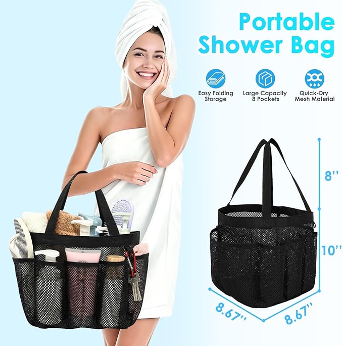 Fammart Mesh Shower Caddy Portable for College Dorm Room Essentials, Odorless Polyester Large Shower Tote Bag with Dual Handles, 8-Pocket Quick-Dry Toiletry Organizer for Travel, Beach, Camping, Gym