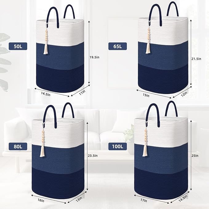 Woven Laundry Basket for Clothes,100 L Large Rectangle Laundry Hampers with Beads Tassel, Nursery Storage Basket for Toys, Tall Dirty Clothes Hamper for Bedroom Aesthetic, Laundry Room Organization