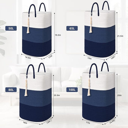 Woven Laundry Basket for Clothes,100 L Large Rectangle Laundry Hampers with Beads Tassel, Nursery Storage Basket for Toys, Tall Dirty Clothes Hamper for Bedroom Aesthetic, Laundry Room Organization