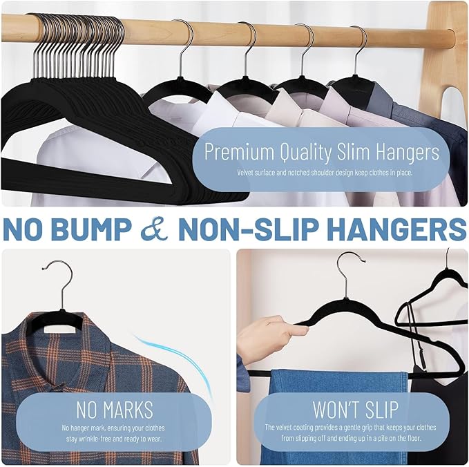HOUSE DAY Black Velvet Hangers 120 Pack, Non Slip Felt Hanger, Slim Velvet Clothes Hangers for Suits, Shirt, Heavy Duty Coat Hanger for Closet