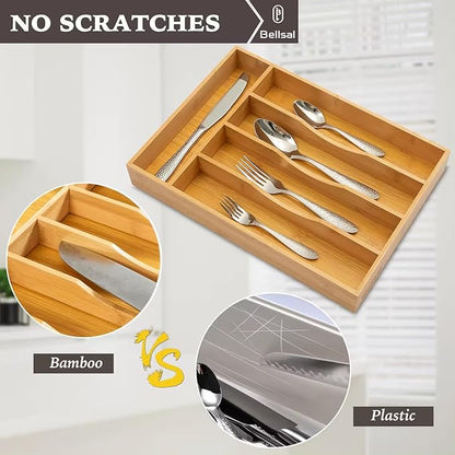 Bamboo Cutlery Drawer Organizer, Kitchen Utensil Organizer with Dividers for Flatware, Silverware Knives in Kitchen, Bedroom, Living Room (5 Slots)