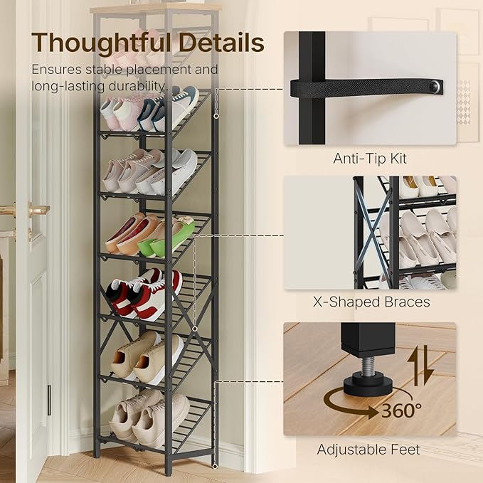 YATINEY 8-Tier Tall Shoes Rack, Slim Shoe Organizer for Entryway, Large-Capacity Thin Shoe Rack for Closet, Narrow Shoe Storage Shelf with Wooden Panel, Space Saving, Black and Rustic Brown SS18BR